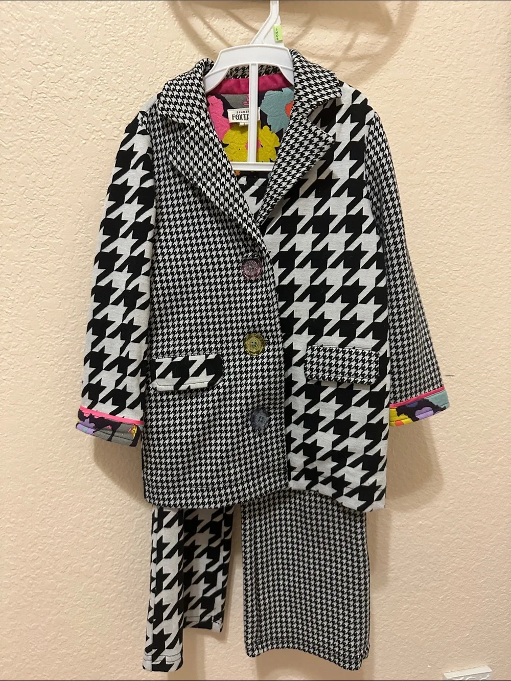 Kids Black & White Houndstooth Blazer with Colorful Trim and matching pants